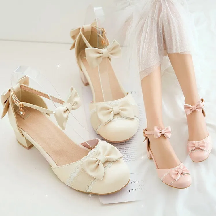 Women's Double Bow Tie Mary Jane Mid Heels Sandals