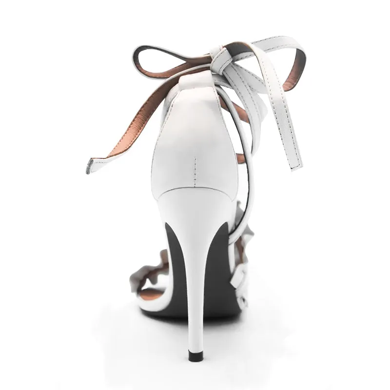 Women's Lace Up Ankle Strap Ruffle High Heels - White, Black