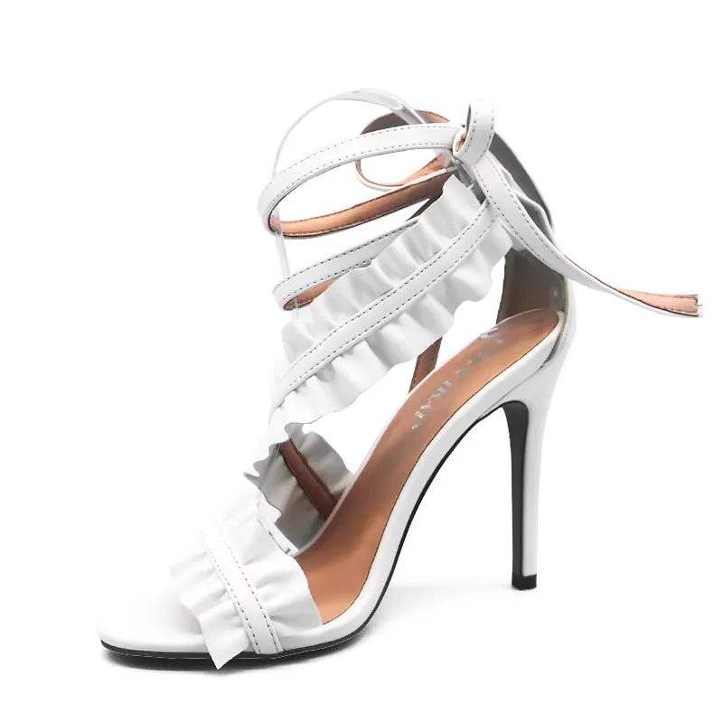 Women's Lace Up Ankle Strap Ruffle High Heels - White, Black