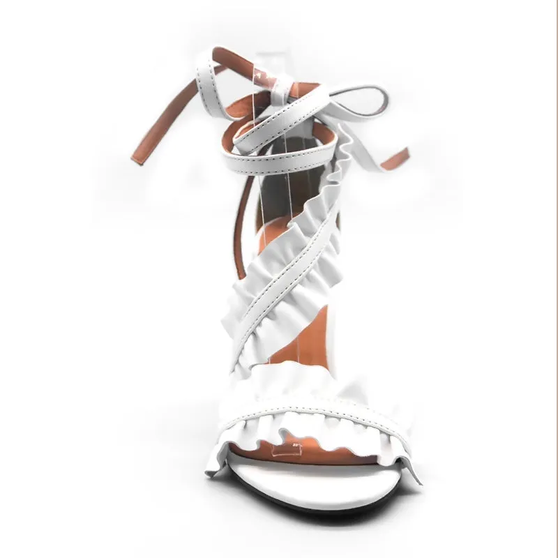 Women's Lace Up Ankle Strap Ruffle High Heels - White, Black