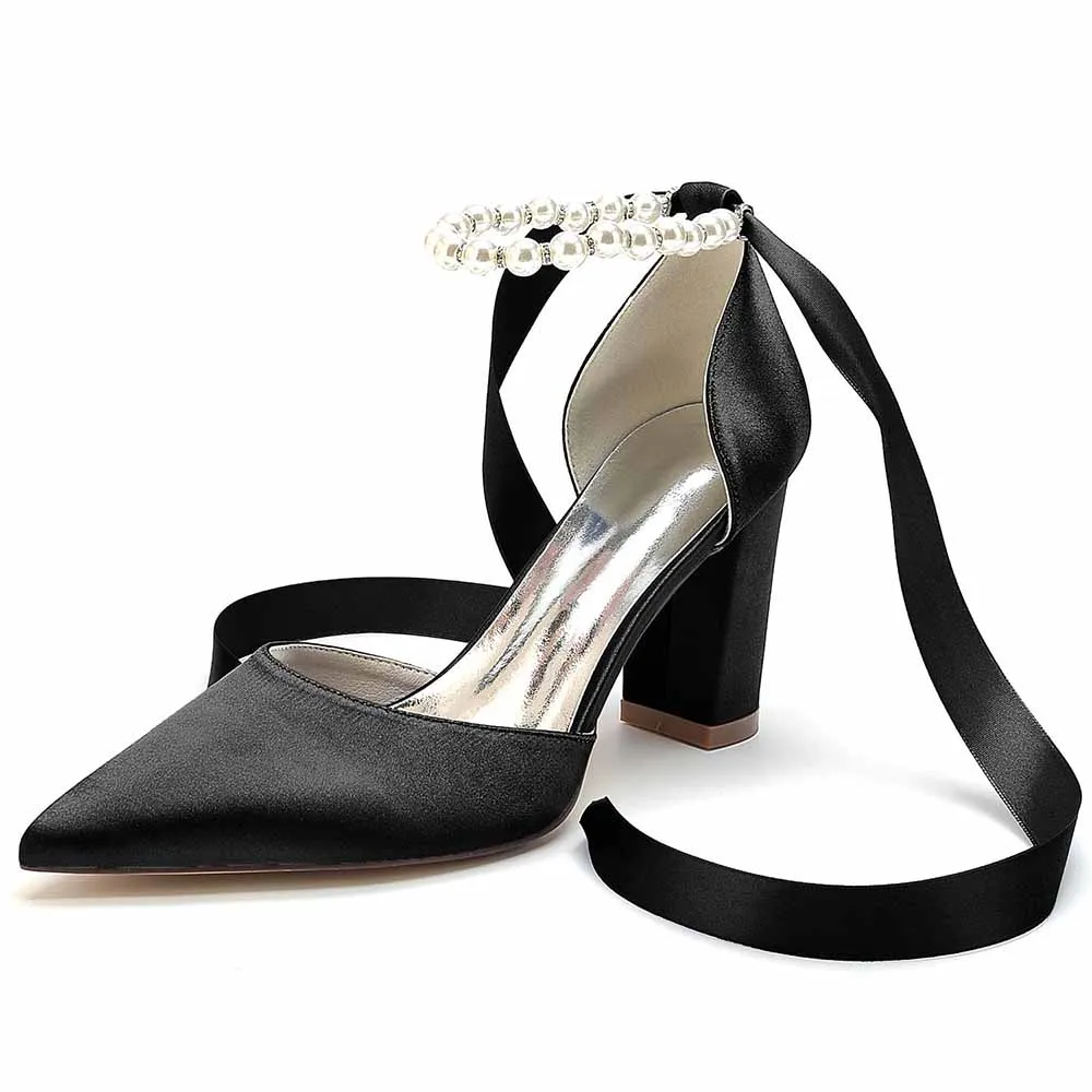 Women's Satin Closed Toe Lace-Up With Pearls Chunky Heel High Heels