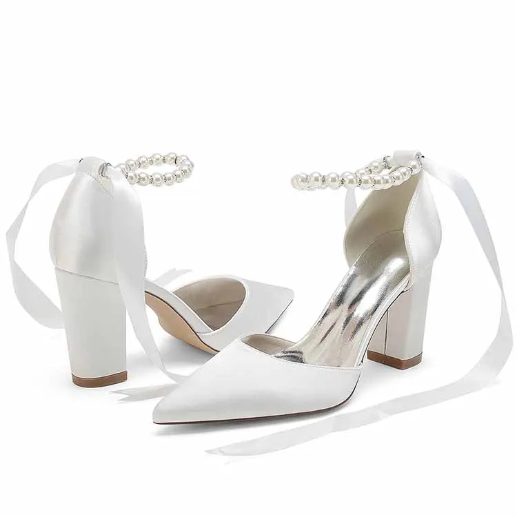 Women's Satin Closed Toe Lace-Up With Pearls Chunky Heel High Heels