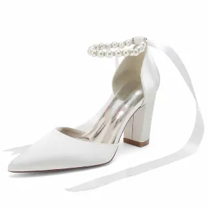 Women's Satin Closed Toe Lace-Up With Pearls Chunky Heel High Heels