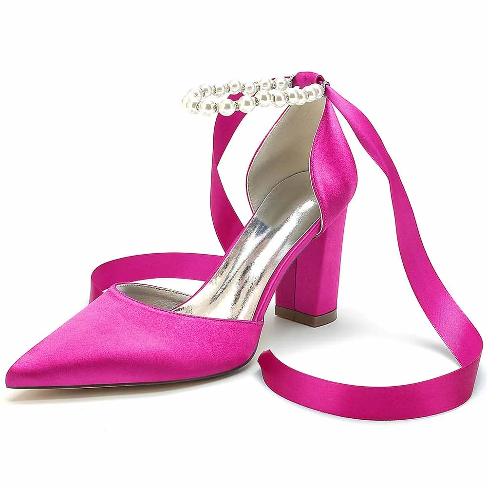 Women's Satin Closed Toe Lace-Up With Pearls Chunky Heel High Heels