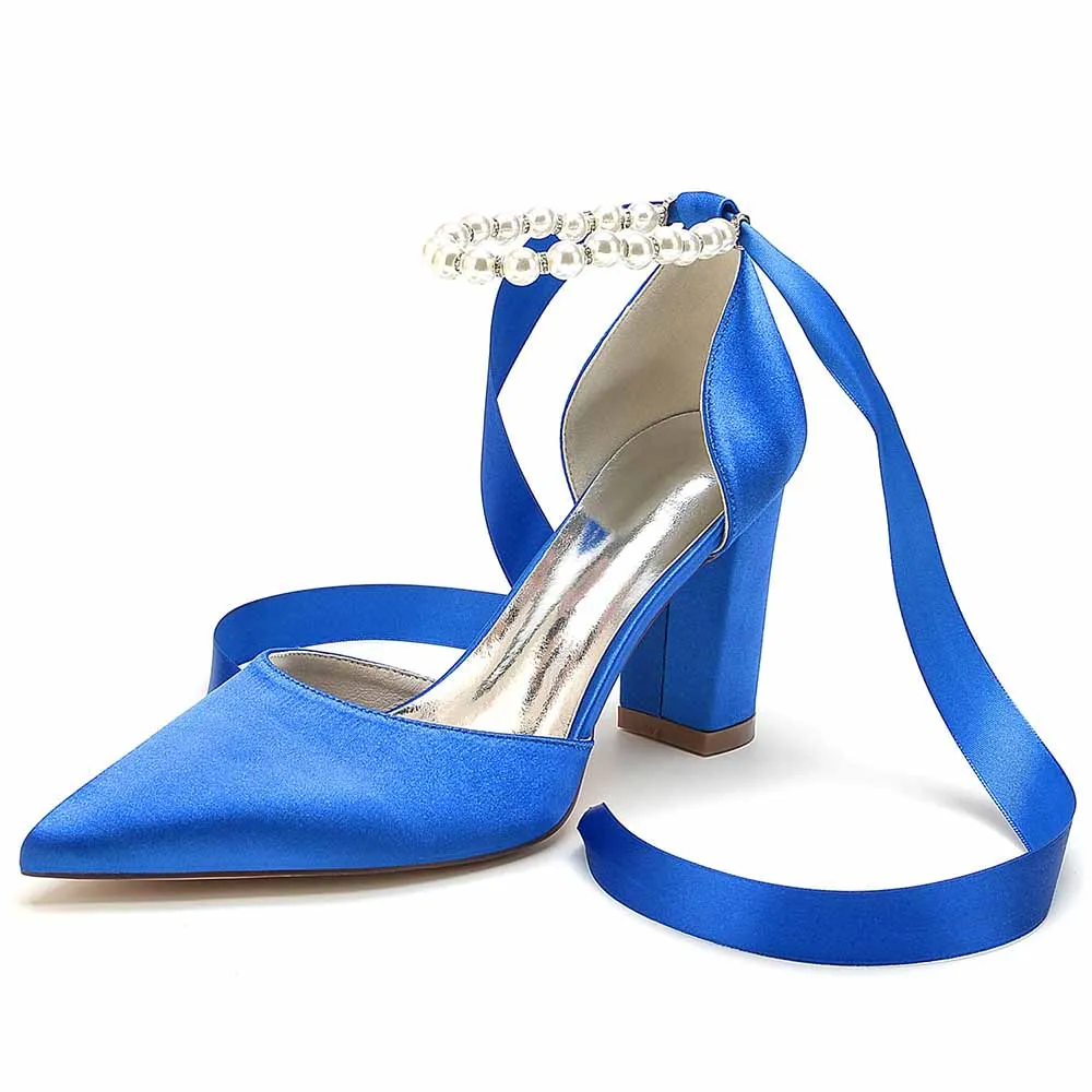 Women's Satin Closed Toe Lace-Up With Pearls Chunky Heel High Heels