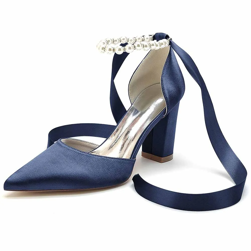 Women's Satin Closed Toe Lace-Up With Pearls Chunky Heel High Heels