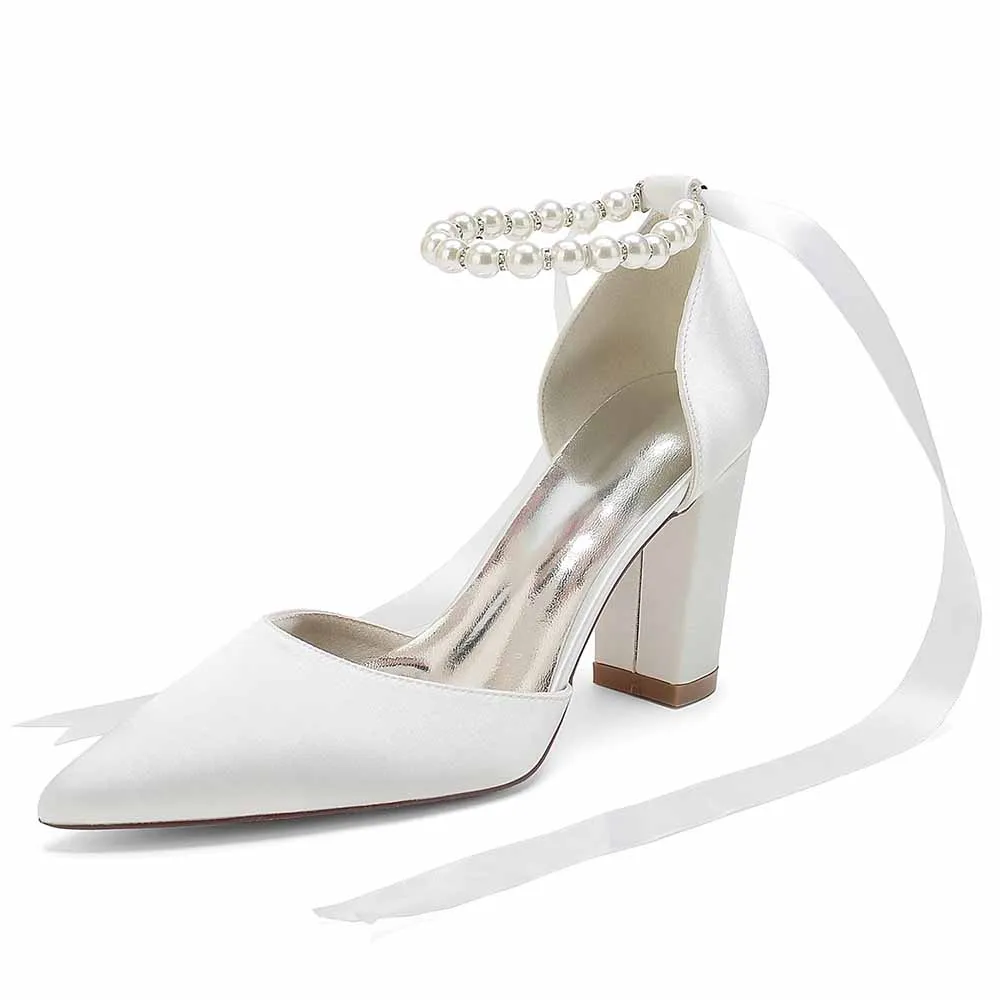 Women's Satin Closed Toe Lace-Up With Pearls Chunky Heel High Heels