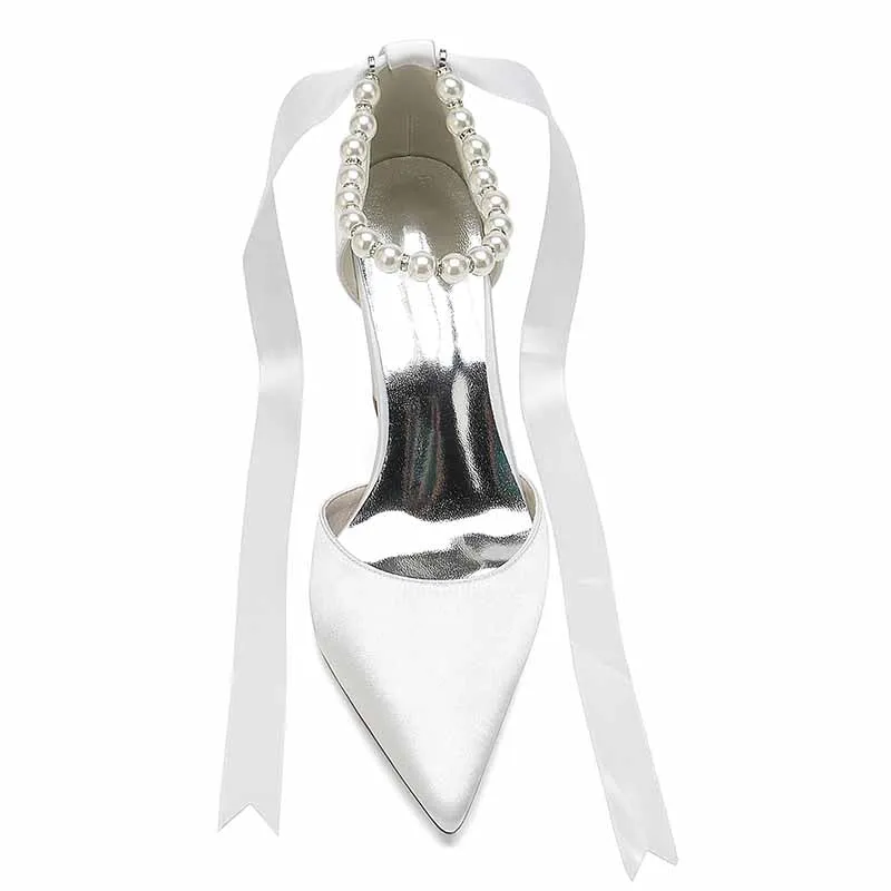 Women's Satin Closed Toe Lace-Up With Pearls Chunky Heel High Heels
