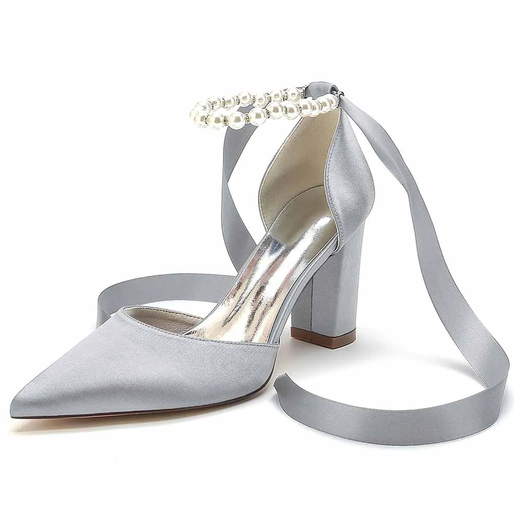 Women's Satin Closed Toe Lace-Up With Pearls Chunky Heel High Heels