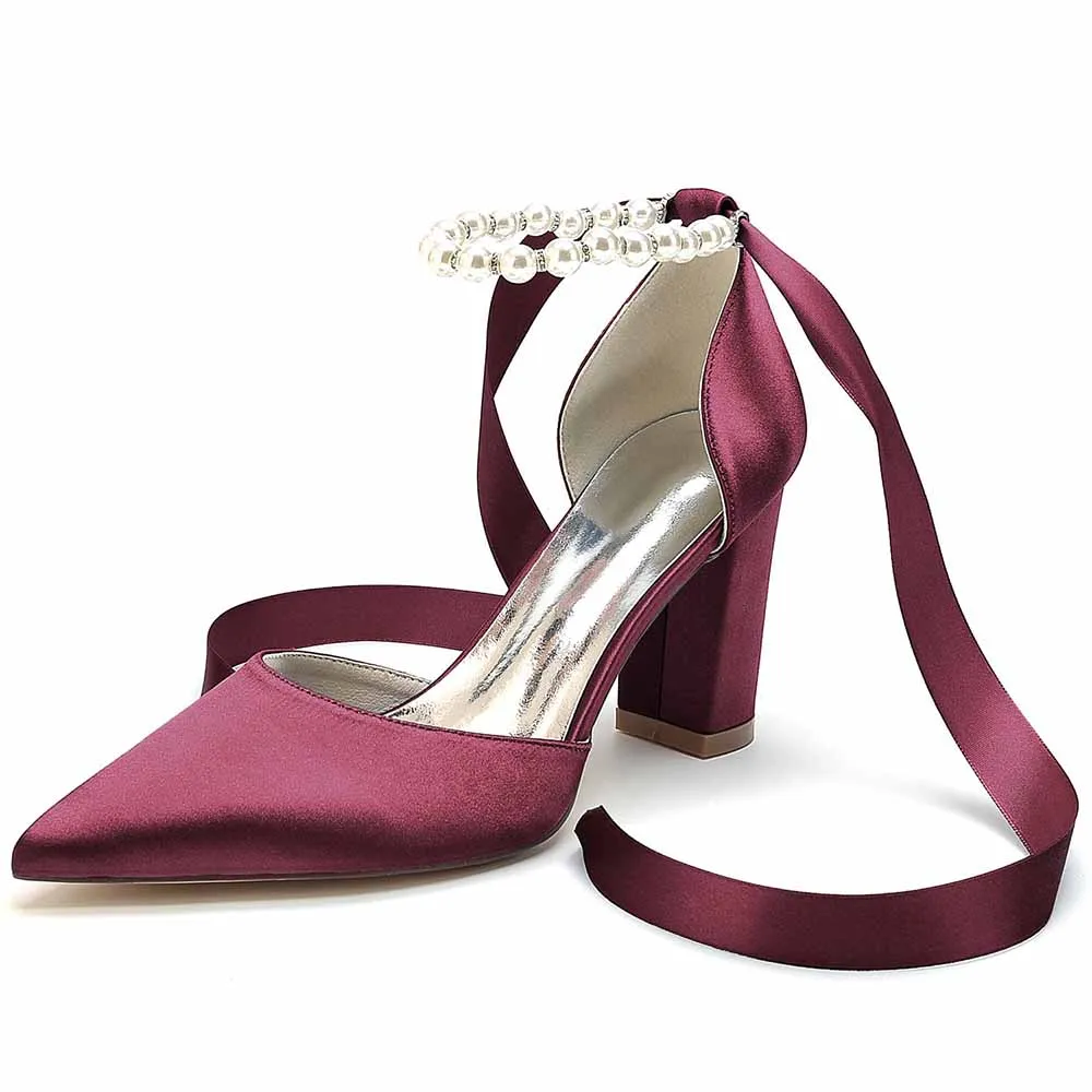 Women's Satin Closed Toe Lace-Up With Pearls Chunky Heel High Heels