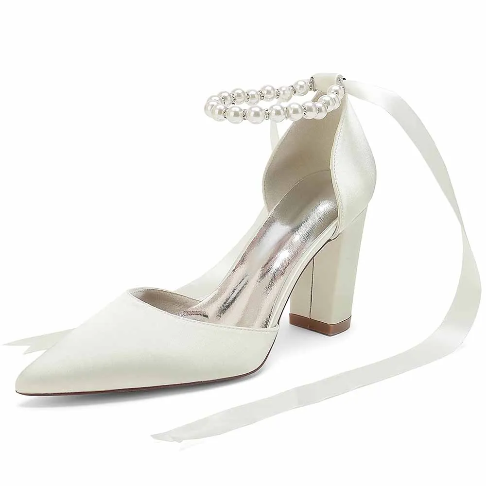 Women's Satin Closed Toe Lace-Up With Pearls Chunky Heel High Heels
