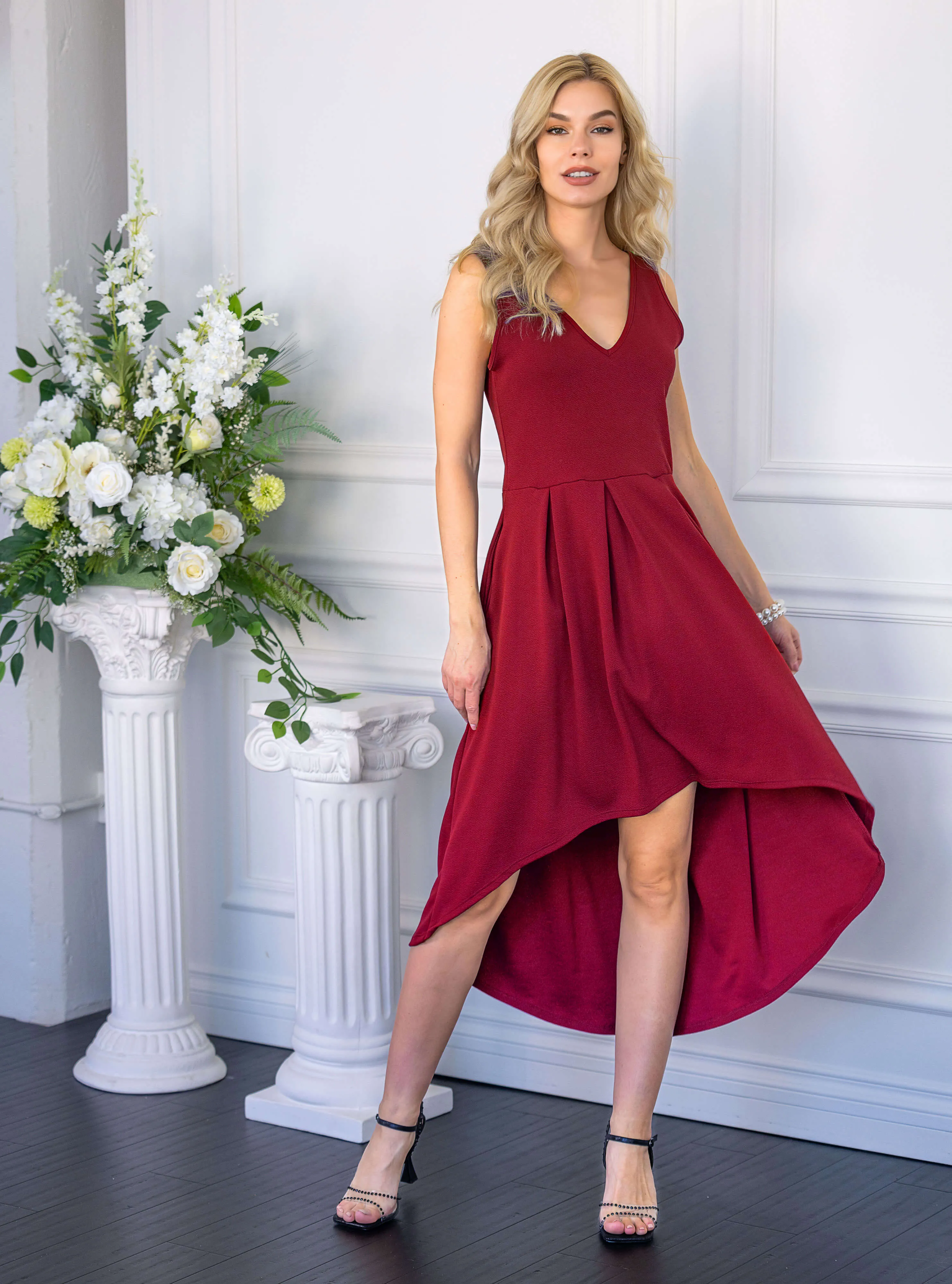 Womens Sleeveless Fit N Flare High Low Dress