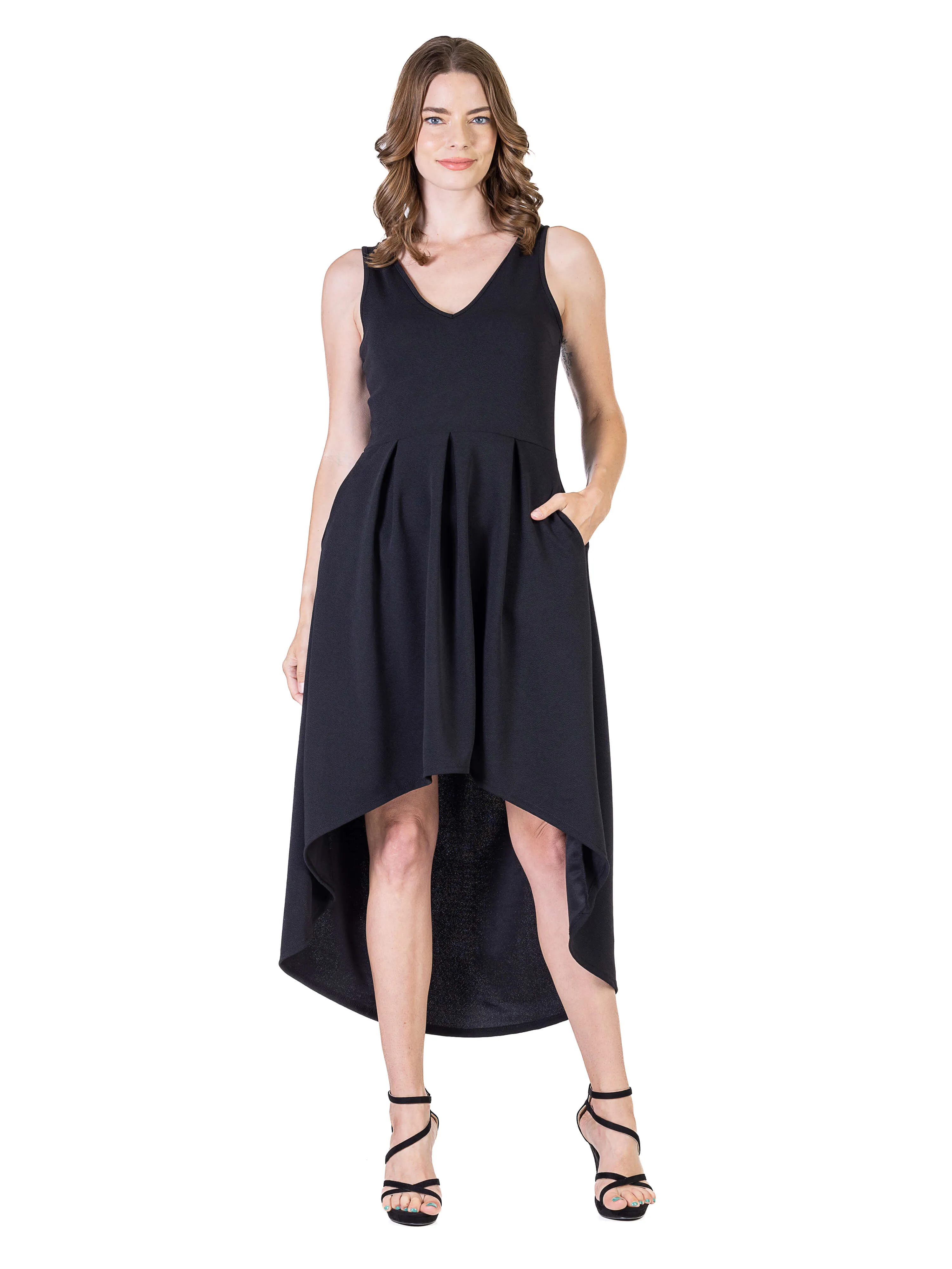 Womens Sleeveless Fit N Flare High Low Dress