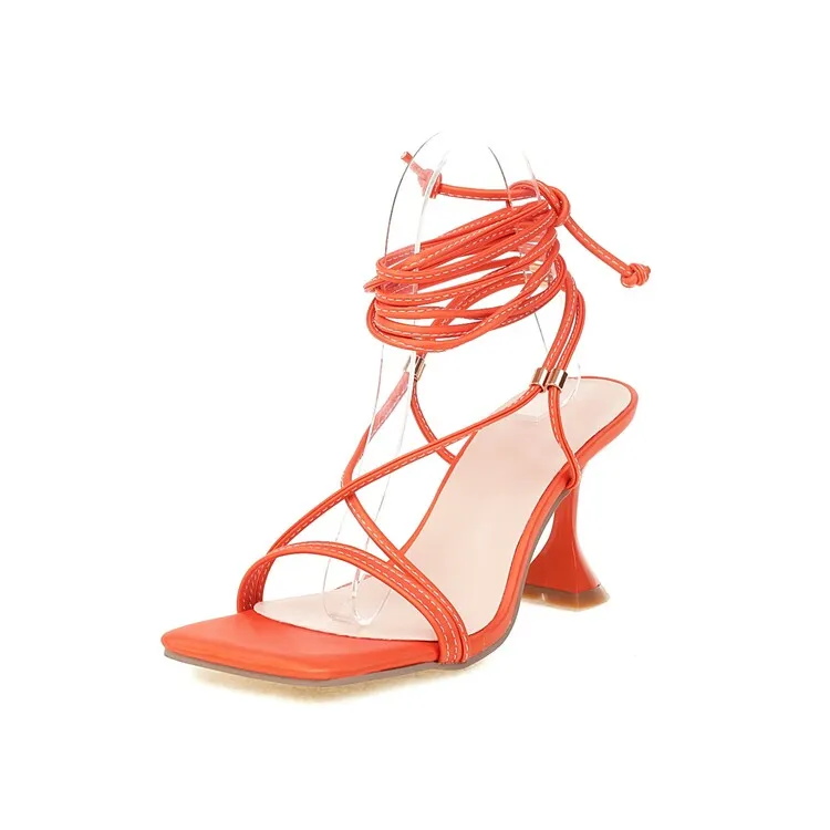 Women's Solid Color Square Toe Cross Strap Spool Heel Sandals