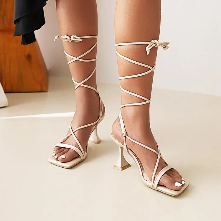 Women's Solid Color Square Toe Cross Strap Spool Heel Sandals