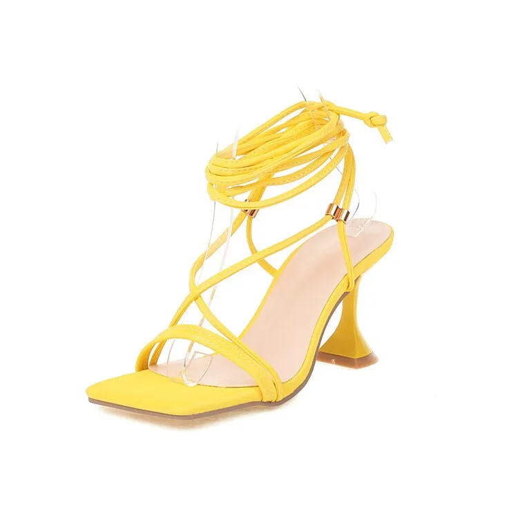 Women's Solid Color Square Toe Cross Strap Spool Heel Sandals