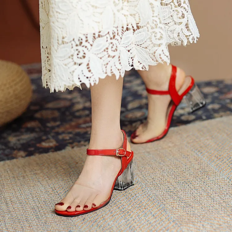 Women's Transparent Solid Color Crystal Chunky Heel Ankle Strap Sandals