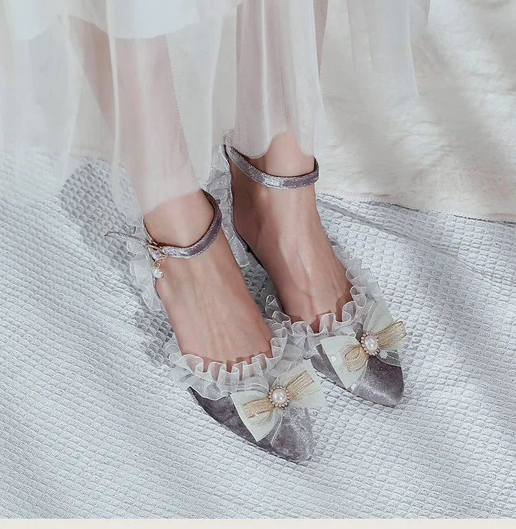 Women's's High Heels Lolita Lace Pointed Toe Butterfly Knot Pearls Stiletto Sandals