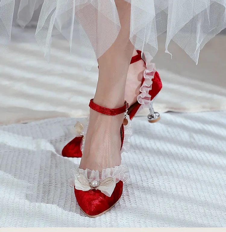 Women's's High Heels Lolita Lace Pointed Toe Butterfly Knot Pearls Stiletto Sandals