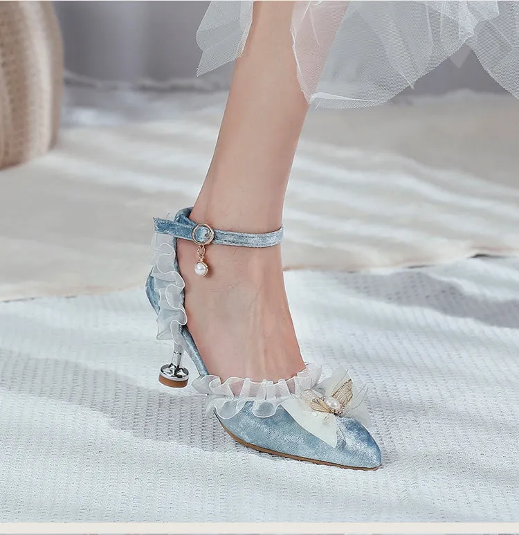 Women's's High Heels Lolita Lace Pointed Toe Butterfly Knot Pearls Stiletto Sandals