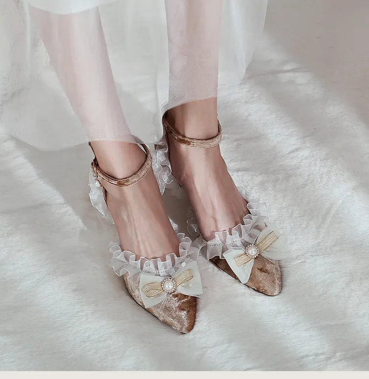 Women's's High Heels Lolita Lace Pointed Toe Butterfly Knot Pearls Stiletto Sandals