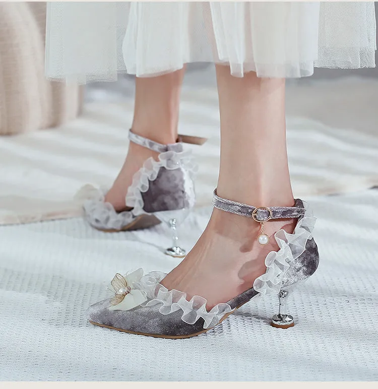 Women's's High Heels Lolita Lace Pointed Toe Butterfly Knot Pearls Stiletto Sandals