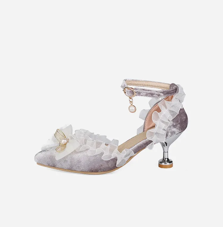 Women's's High Heels Lolita Lace Pointed Toe Butterfly Knot Pearls Stiletto Sandals