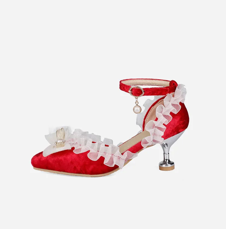 Women's's High Heels Lolita Lace Pointed Toe Butterfly Knot Pearls Stiletto Sandals