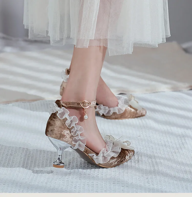 Women's's High Heels Lolita Lace Pointed Toe Butterfly Knot Pearls Stiletto Sandals