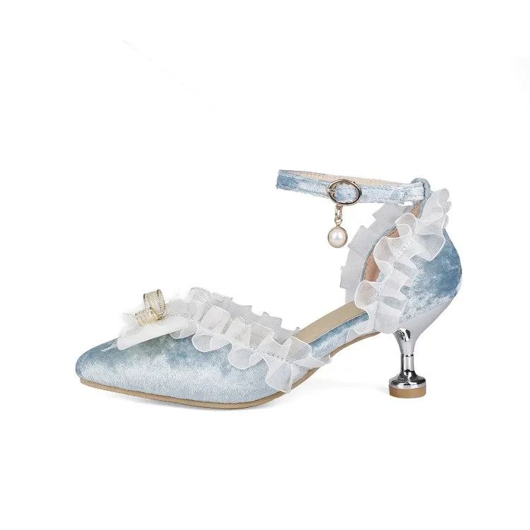 Women's's High Heels Lolita Lace Pointed Toe Butterfly Knot Pearls Stiletto Sandals