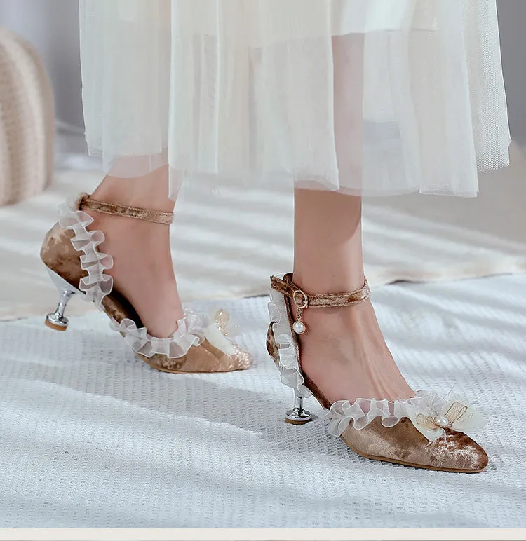 Women's's High Heels Lolita Lace Pointed Toe Butterfly Knot Pearls Stiletto Sandals