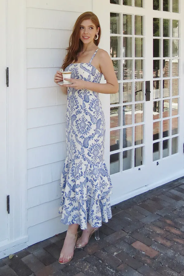 Zoey Blue & White Strapless Midi Bridal Shower & Wedding Guest Dress