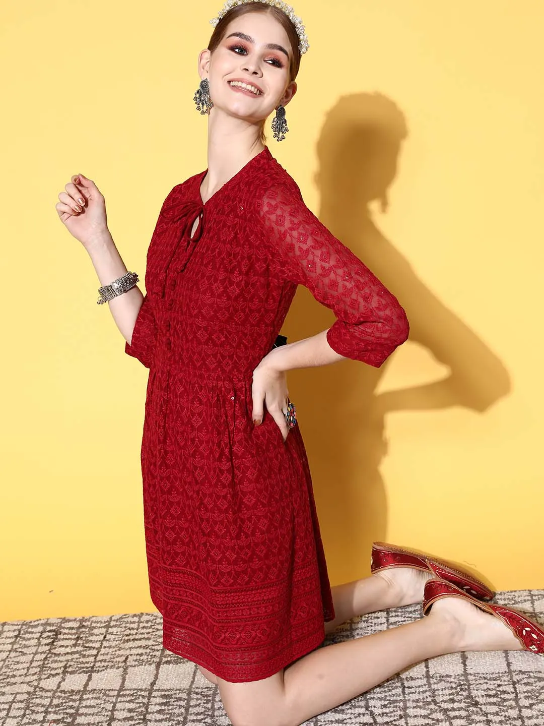 Zola Georgette Mandarin Collar Maroon Chikankari Embroidery with Sequin Work  Midy for Women