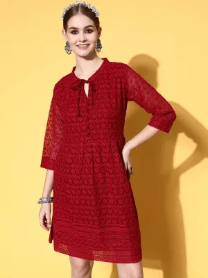 Zola Georgette Mandarin Collar Maroon Chikankari Embroidery with Sequin Work  Midy for Women