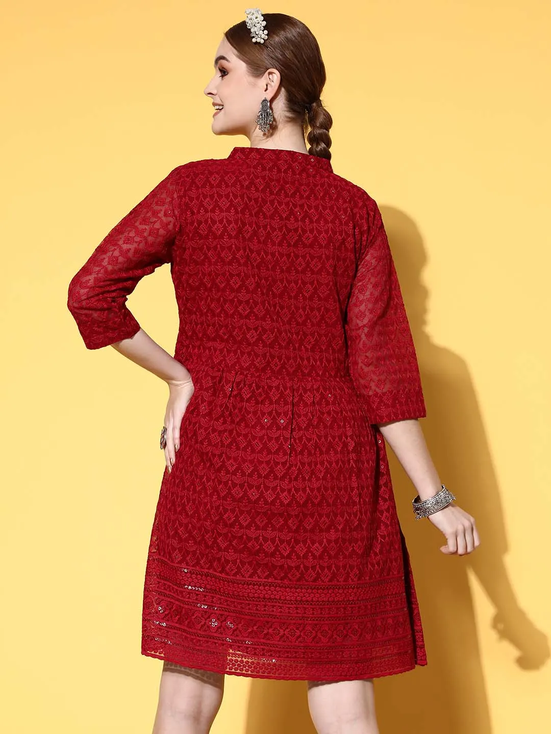 Zola Georgette Mandarin Collar Maroon Chikankari Embroidery with Sequin Work  Midy for Women