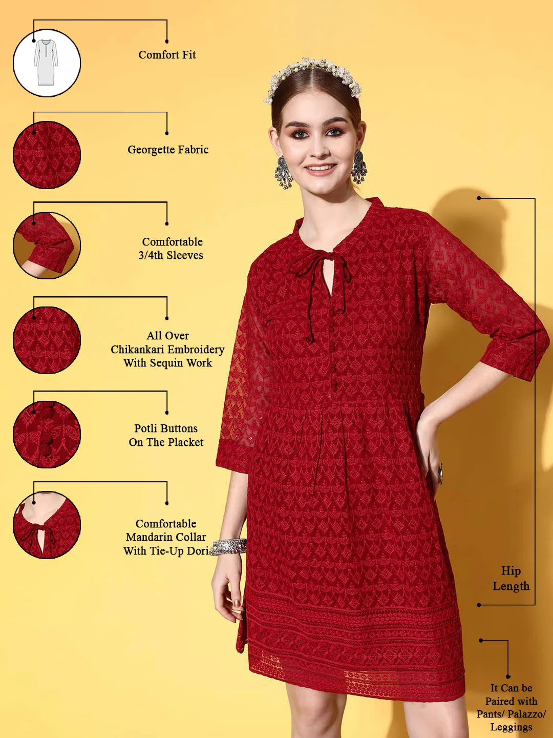 Zola Georgette Mandarin Collar Maroon Chikankari Embroidery with Sequin Work  Midy for Women