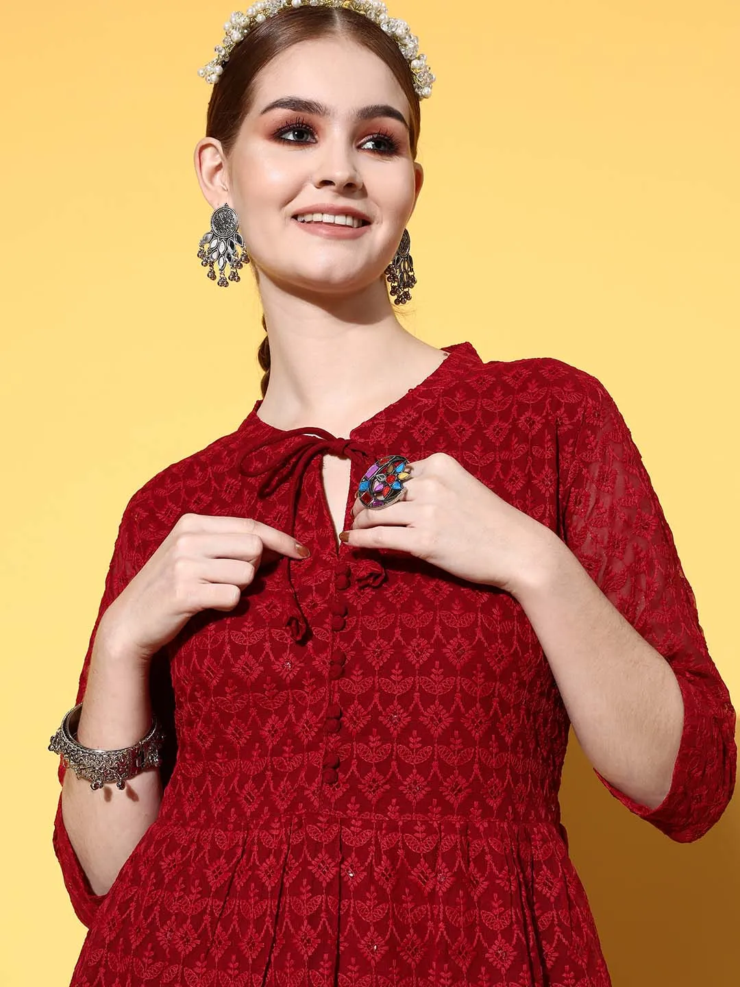 Zola Georgette Mandarin Collar Maroon Chikankari Embroidery with Sequin Work  Midy for Women